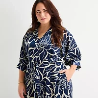 52seven Womens Plus 3/4 Sleeve Abstract Midi Fit + Flare Dress