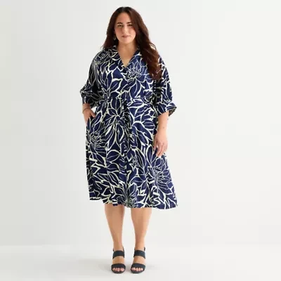 52seven Womens Plus 3/4 Sleeve Abstract Midi Fit + Flare Dress