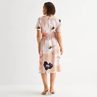 Liz Claiborne Womens Short Sleeve Midi Floral Satin A-Line Dress