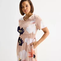 Liz Claiborne Womens Short Sleeve Midi Floral Satin A-Line Dress