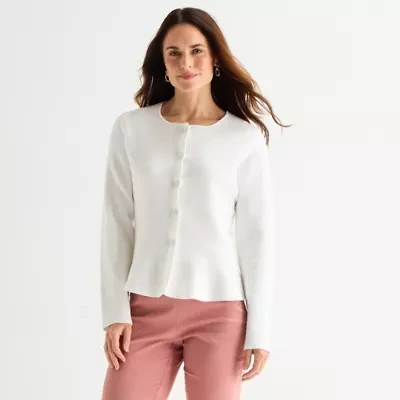 Liz Claiborne Womens Crew Neck Long Sleeve Button Cardigan