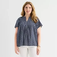 St. John's Bay Womens Plus V Neck Short Sleeve Blouse
