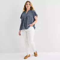 St. John's Bay Womens Plus V Neck Short Sleeve Blouse