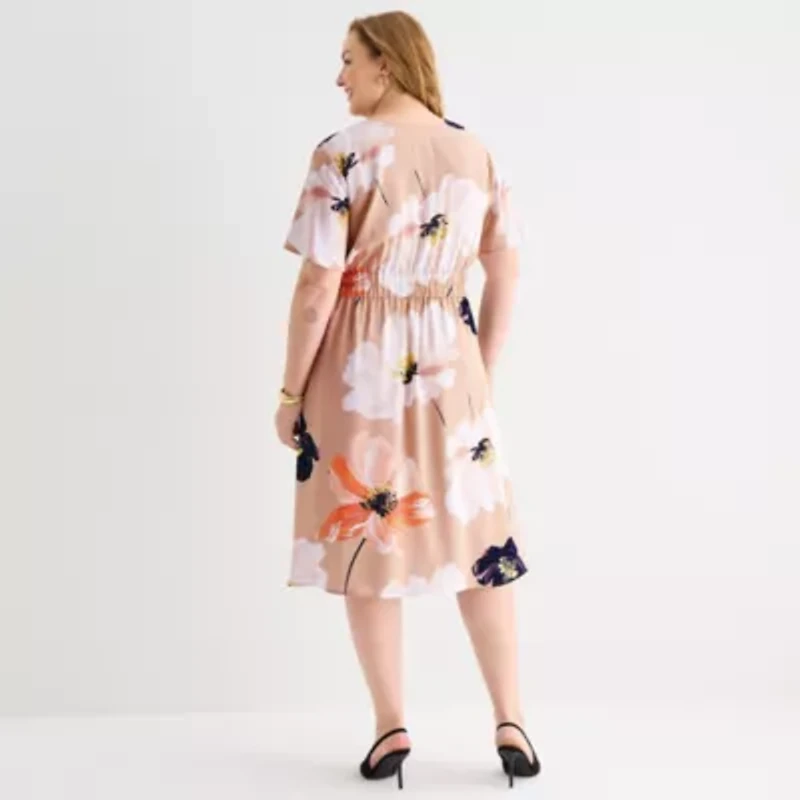 Liz Claiborne Womens Plus Short Sleeve Midi Floral Satin A-Line Dress