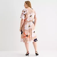 Liz Claiborne Womens Plus Short Sleeve Midi Floral Satin A-Line Dress
