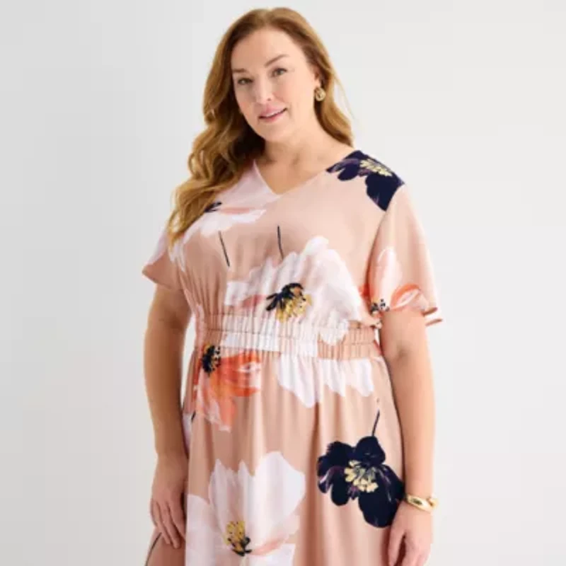Liz Claiborne Womens Plus Short Sleeve Midi Floral Satin A-Line Dress