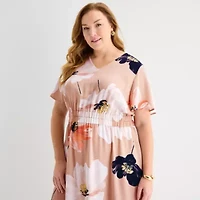 Liz Claiborne Womens Plus Short Sleeve Midi Floral Satin A-Line Dress