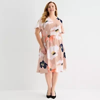 Liz Claiborne Womens Plus Short Sleeve Midi Floral Satin A-Line Dress