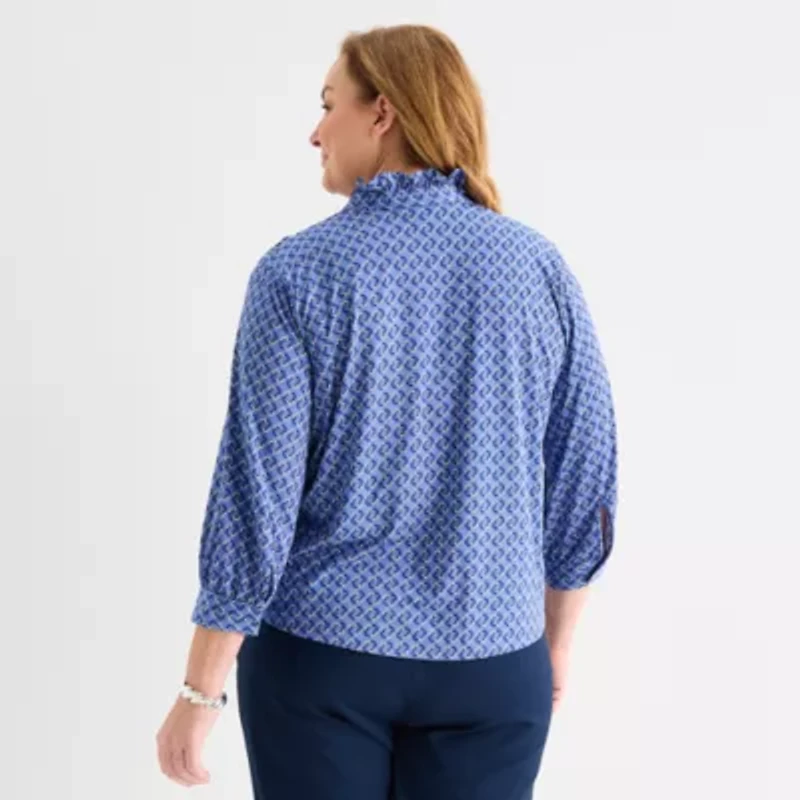Liz Claiborne Womens Plus Mock Neck 3/4 Sleeve Ruffled Blouse