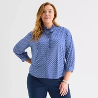 Liz Claiborne Womens Plus Mock Neck 3/4 Sleeve Ruffled Blouse