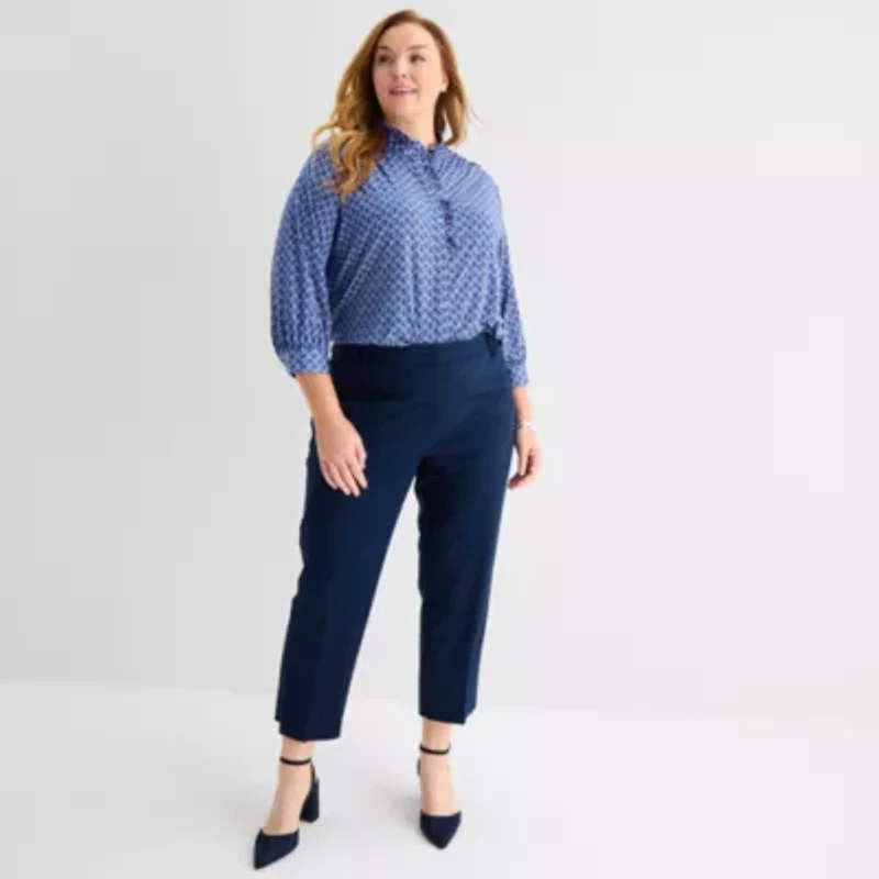 Liz Claiborne Womens Plus Mock Neck 3/4 Sleeve Ruffled Blouse