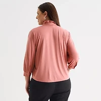 Liz Claiborne Womens Plus Mock Neck 3/4 Sleeve Ruffled Blouse