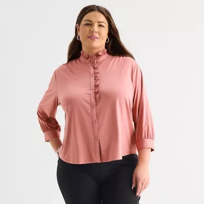 Liz Claiborne Womens Plus Mock Neck 3/4 Sleeve Ruffled Blouse