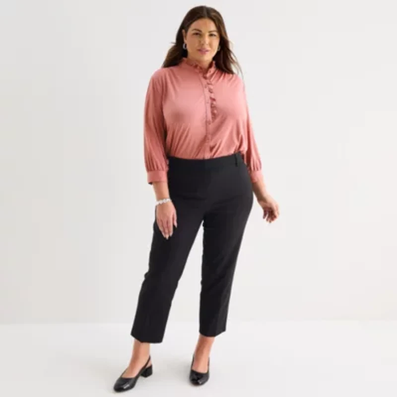 Liz Claiborne Womens Plus Mock Neck 3/4 Sleeve Ruffled Blouse