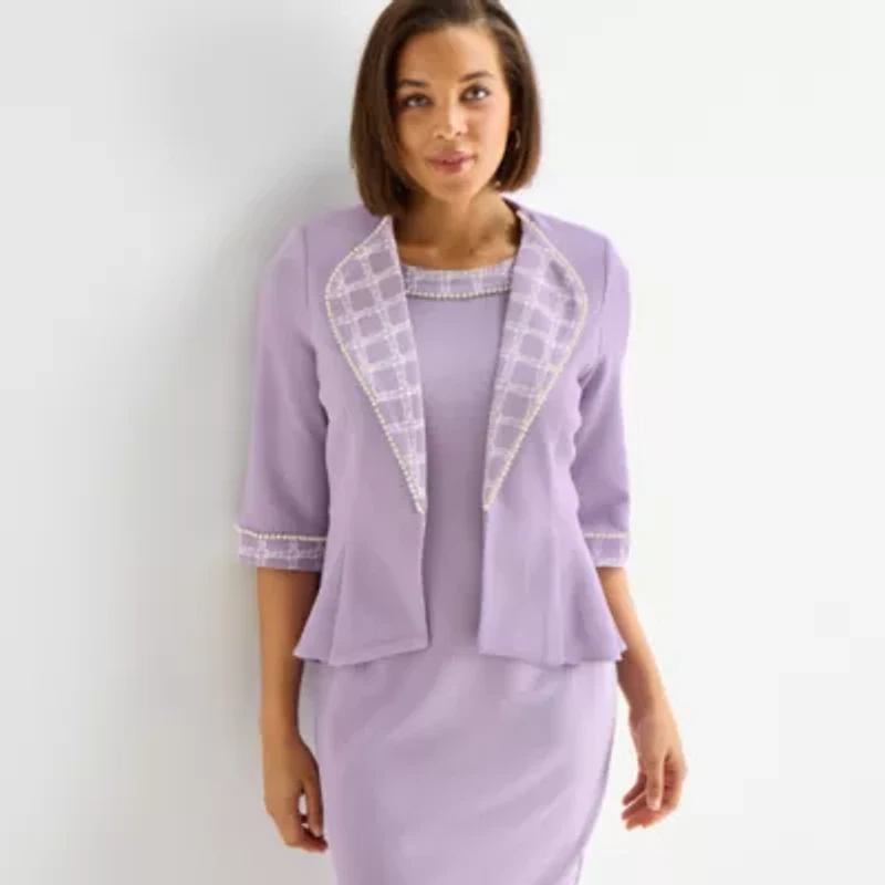 Maya Brooke Womens Pearl Trim Plaid Jacket Dress