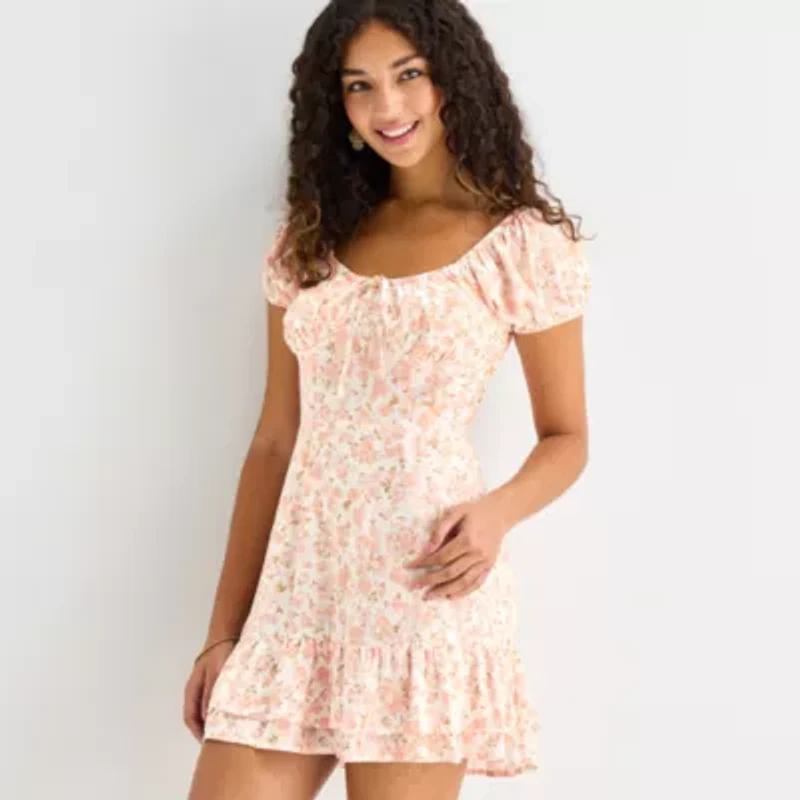 Arizona Womens Short Sleeve Juniors Floral Babydoll Dress
