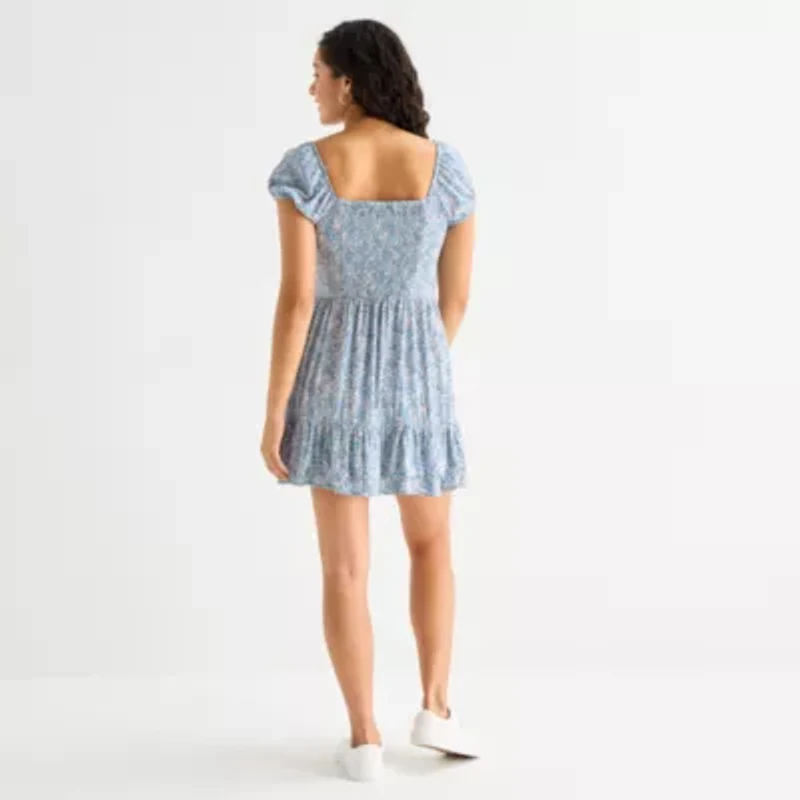 Arizona Womens Short Sleeve Juniors Floral Babydoll Dress