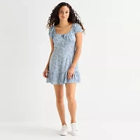 Arizona Womens Short Sleeve Juniors Floral Babydoll Dress