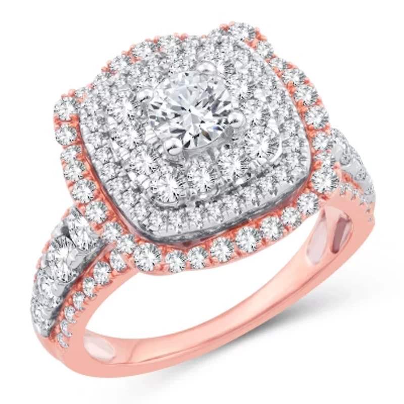 Womens 2 1/4 CT. T.W. Natural White Diamond 10K Gold Rose Cushion Side Stone Halo Engagement Ring