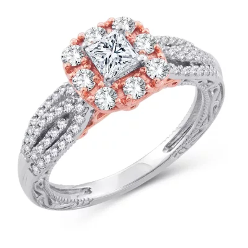 Womens 1 1/2 CT. T.W. Natural White Diamond 10K Gold Rose Cushion Engagement Ring