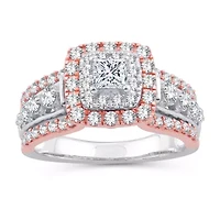 Womens 1/ CT. T.W. Natural White Diamond 10K Gold Rose Cushion Side Stone Halo Engagement Ring