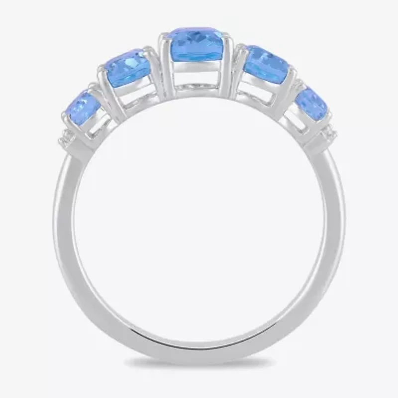 Womens Simulated Blue Aquamarine Sterling Silver Halo Side Stone Cocktail Ring