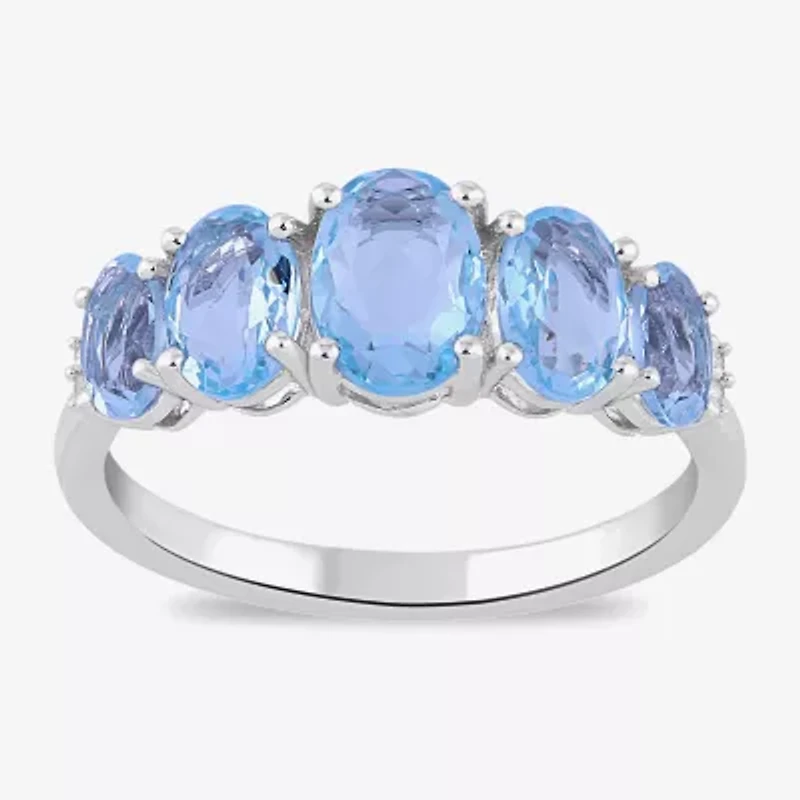 Womens Simulated Blue Aquamarine Sterling Silver Halo Side Stone Cocktail Ring