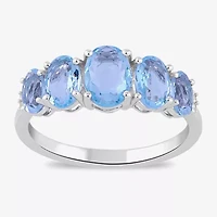 Womens Simulated Blue Aquamarine Sterling Silver Halo Side Stone Cocktail Ring