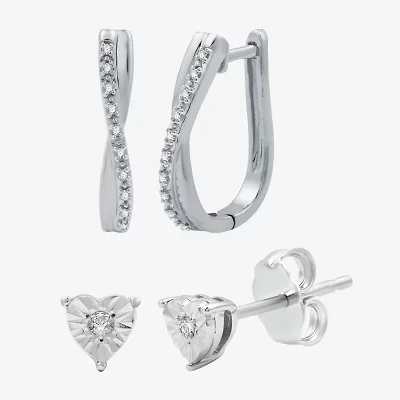 Yes, Please! Womens 1/10 CT. T.W. Natural White Diamond Sterling Silver Heart 2 Pair Earring Set