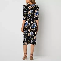 Robbie Bee Womens 3/4 Sleeve Midi Floral Sheath Dress