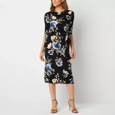 Robbie Bee Womens 3/4 Sleeve Midi Floral Sheath Dress