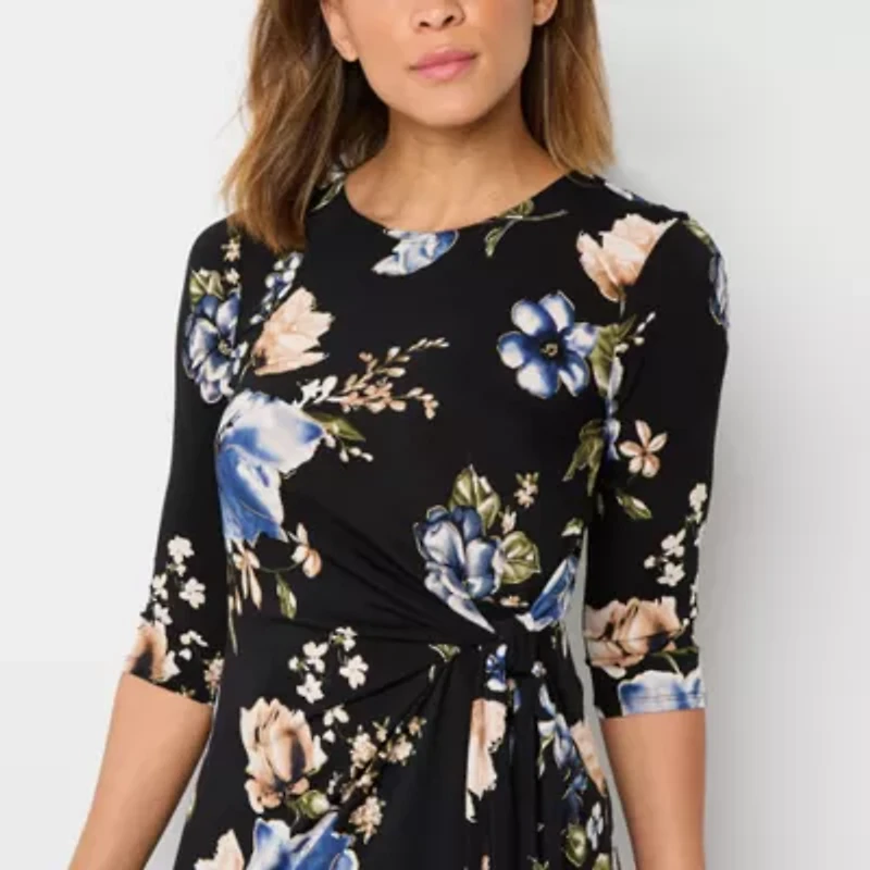 Robbie Bee Womens 3/4 Sleeve Midi Floral Sheath Dress