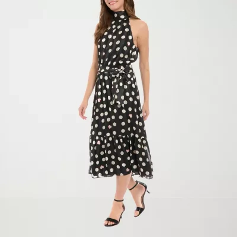 London Style Womens Sleeveless Dots and Hearts Midi Fit + Flare Dress
