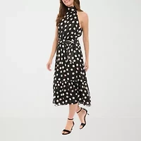 London Style Womens Sleeveless Dots and Hearts Midi Fit + Flare Dress