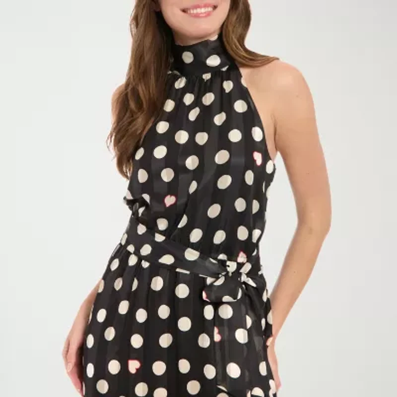 London Style Womens Sleeveless Dots and Hearts Midi Fit + Flare Dress