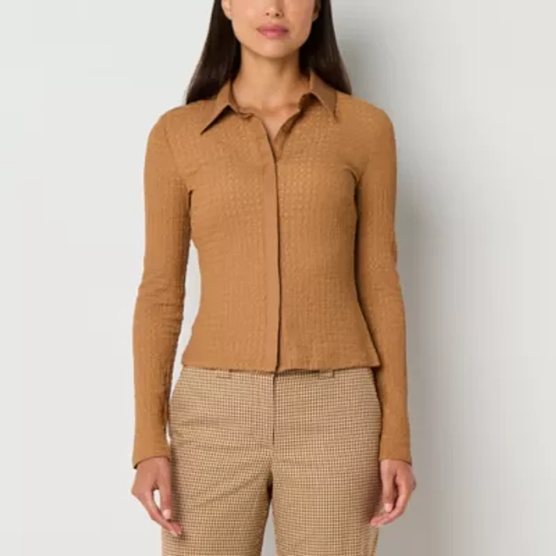 Worthington Womens Long Sleeve Fitted Regular Fit Button-Down Shirt