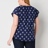 St. John's Bay Womens Plus Easy-on + Easy-off Hidden Access Opening Split Crew Neck Short Sleeve Adaptive Blouse