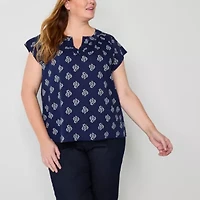 St. John's Bay Womens Plus Easy-on + Easy-off Hidden Access Opening Split Crew Neck Short Sleeve Adaptive Blouse