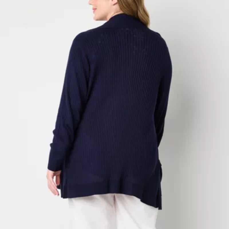 Liz Claiborne Womens Long Sleeve Open Front Plus Cardigan