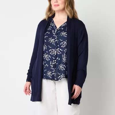 Liz Claiborne Womens Long Sleeve Open Front Plus Cardigan