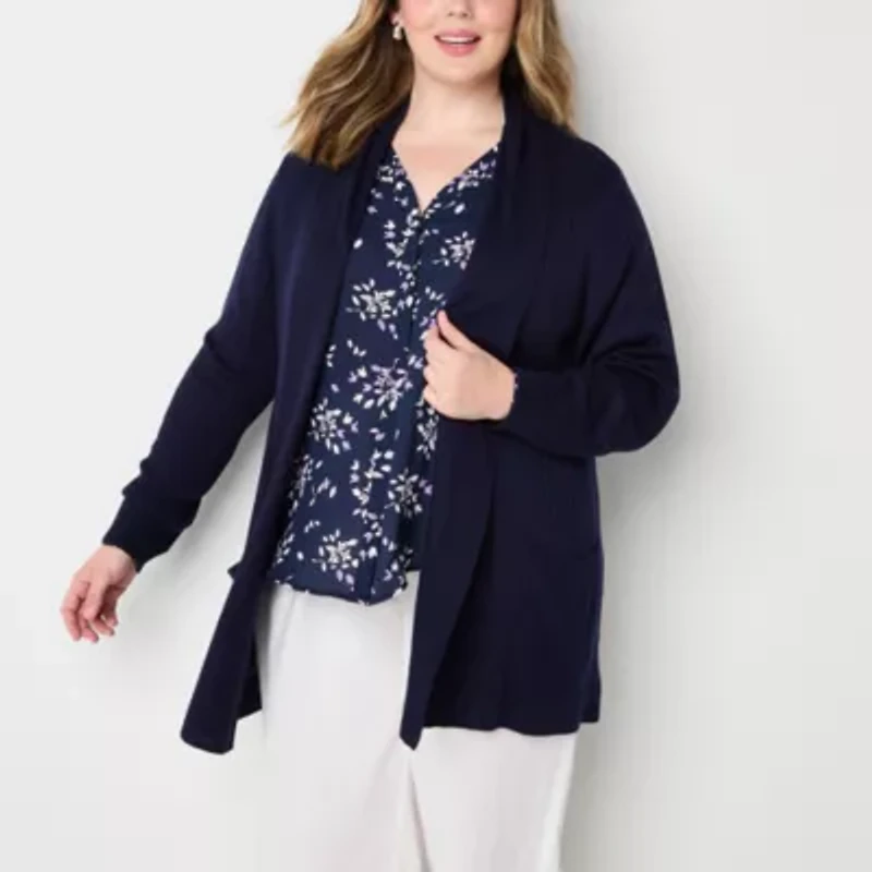 Liz Claiborne Womens Long Sleeve Open Front Plus Cardigan