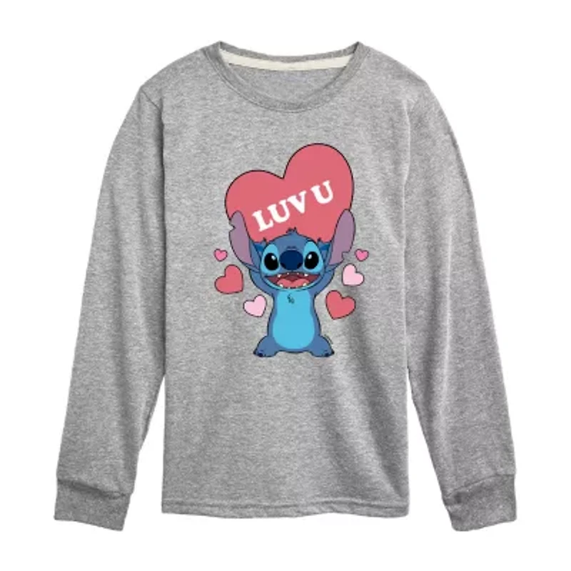 Disney Collection Little & Big Kid Boys Crew Neck Long Sleeve Lilo Stitch Graphic T-Shirt