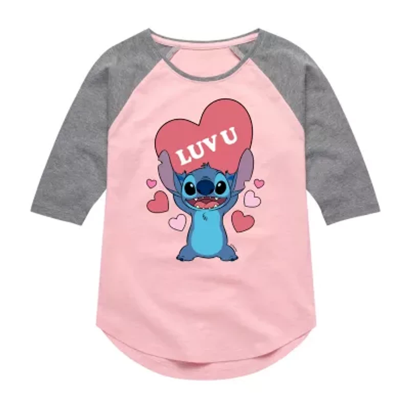 Disney Collection Little & Big Kid Girls Crew Neck 3/4 Sleeve Lilo Stitch Graphic T-Shirt