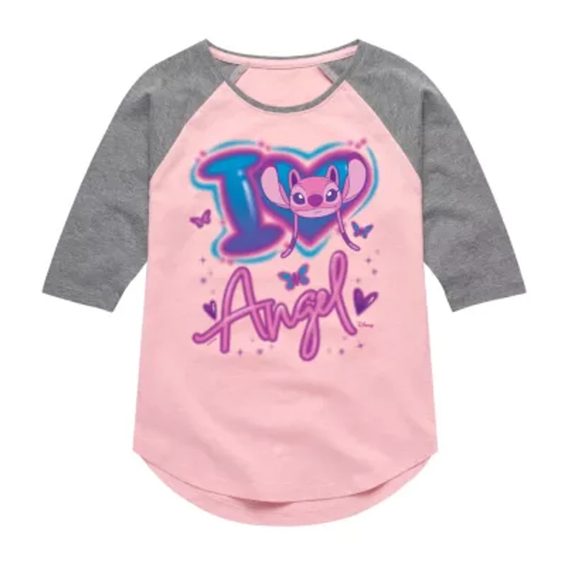 Disney Collection Little & Big Kid Girls Crew Neck 3/4 Sleeve Lilo Stitch Graphic T-Shirt