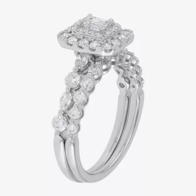 Limited Quantities! Womens 1 1/2 CT. T.W. Natural White Diamond 14K White Gold Side Stone Halo Bridal Set