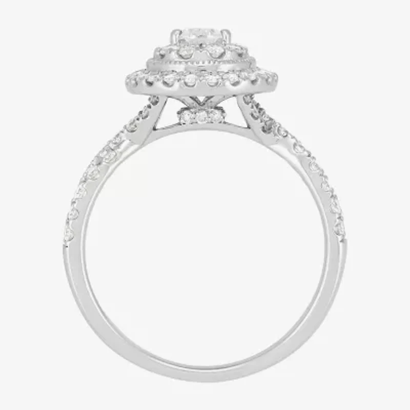 Limited Quantities! Womens 1 CT. T.W. Natural White Diamond 14K White Gold Pear Side Stone Halo Engagement Ring