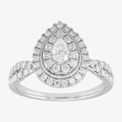 Limited Quantities! Womens 1 CT. T.W. Natural White Diamond 14K White Gold Pear Side Stone Halo Engagement Ring