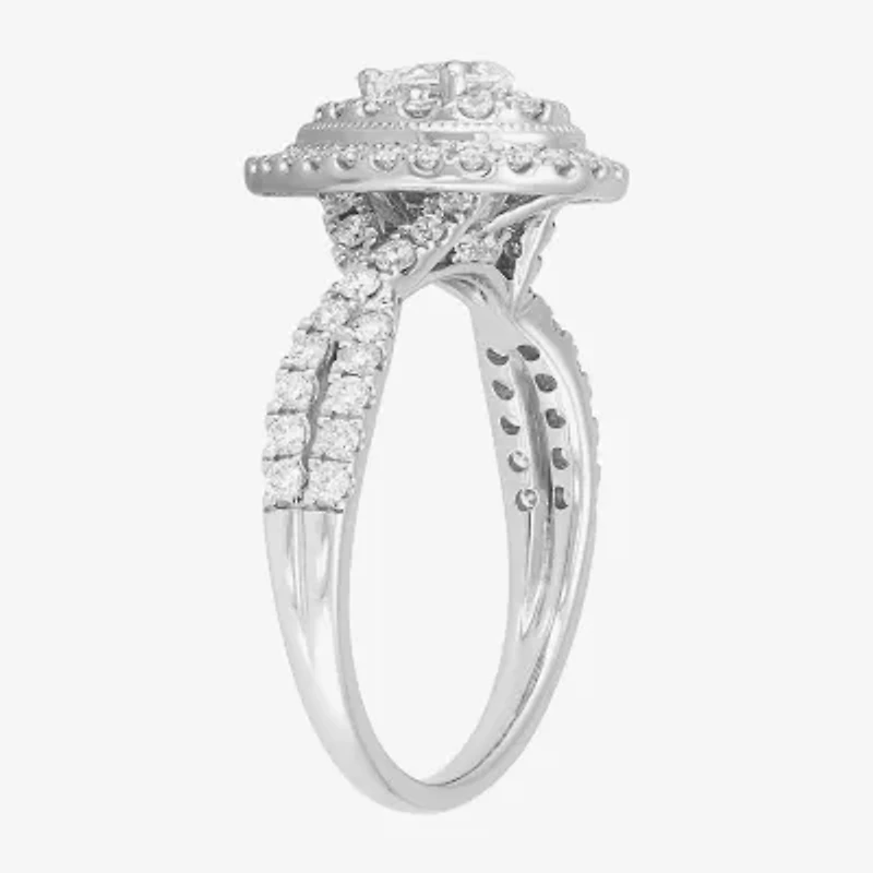 Limited Quantities! Womens 1 CT. T.W. Natural White Diamond 14K White Gold Pear Side Stone Halo Engagement Ring