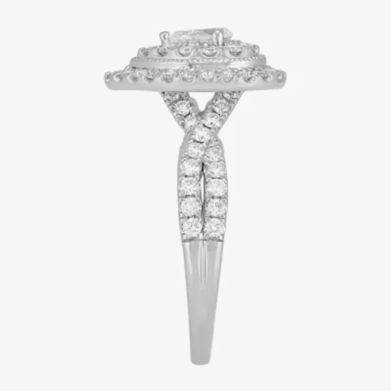 Limited Quantities! Womens 1 CT. T.W. Natural White Diamond 14K White Gold Pear Side Stone Halo Engagement Ring