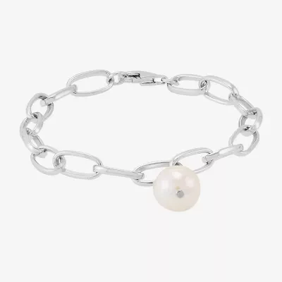 Limited Quantities! Womens White Cultured Freshwater Pearl Sterling Silver Charm Bracelet